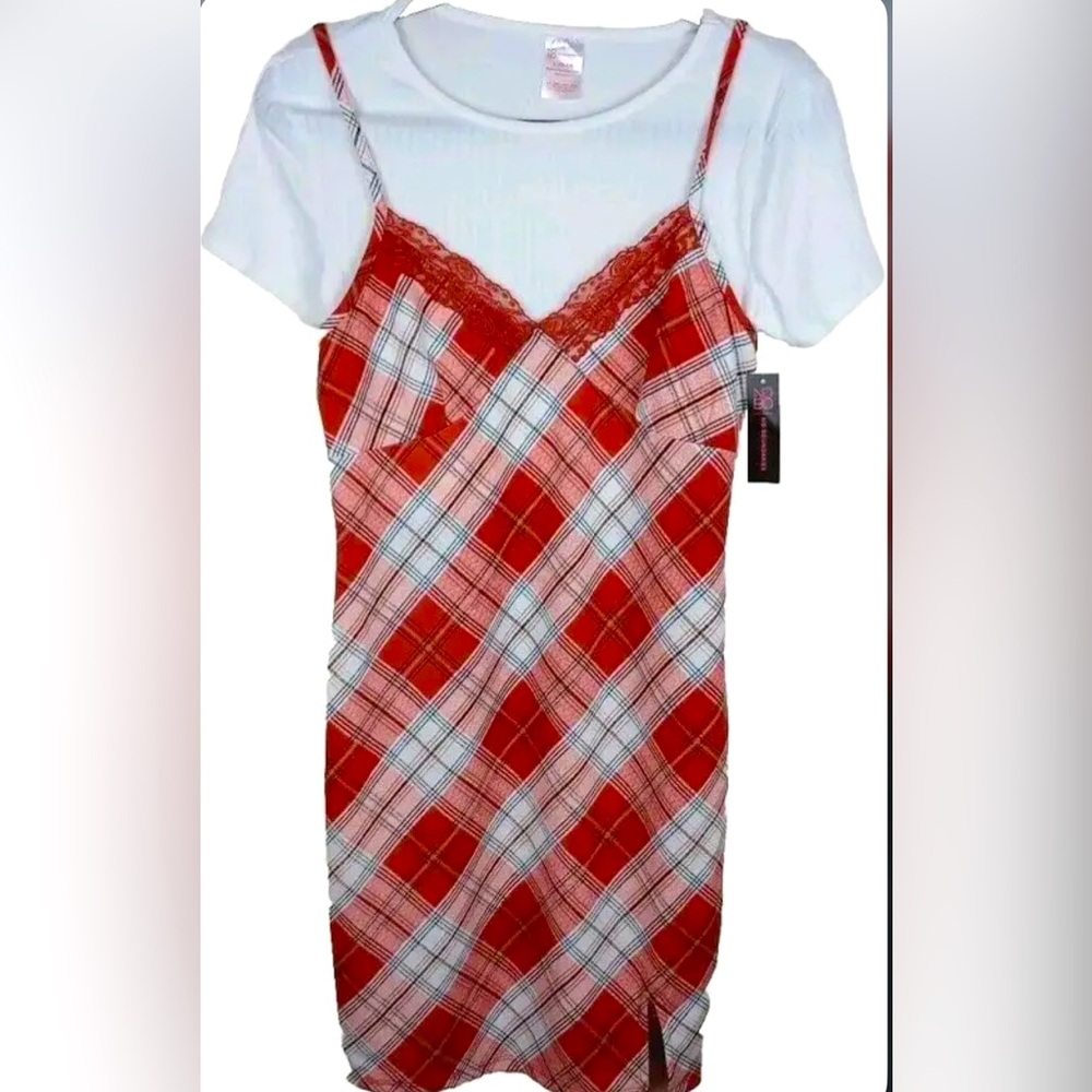 Plaid Dress with white under shirt.